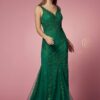 N A398 - Bead Lace Appliqued Fit & Flare Prom Gown with V-Neck & Open Back