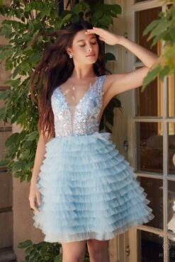 N R883 - Short Shimmery Tulle A-line Homecoming Dress with Sheer Embellished V-Neck Bodice & Layered Ruffle Skirt