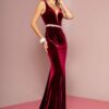 GL 2559 - Velvet Fit & Flare Prom Gown with V Neck & Beaded Belt