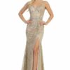 LF 7633 Glitter Patterned Fit & Flare Prom Gown with Leg Slit Beaded Belt & Lace Up Corset Back